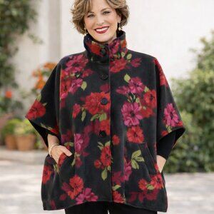 LE MODA floral black & pink fleece poncho cape, button close & pockets. ONE SIZE